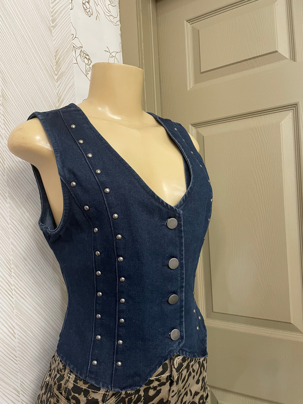 Stud detail v-neck denim vest