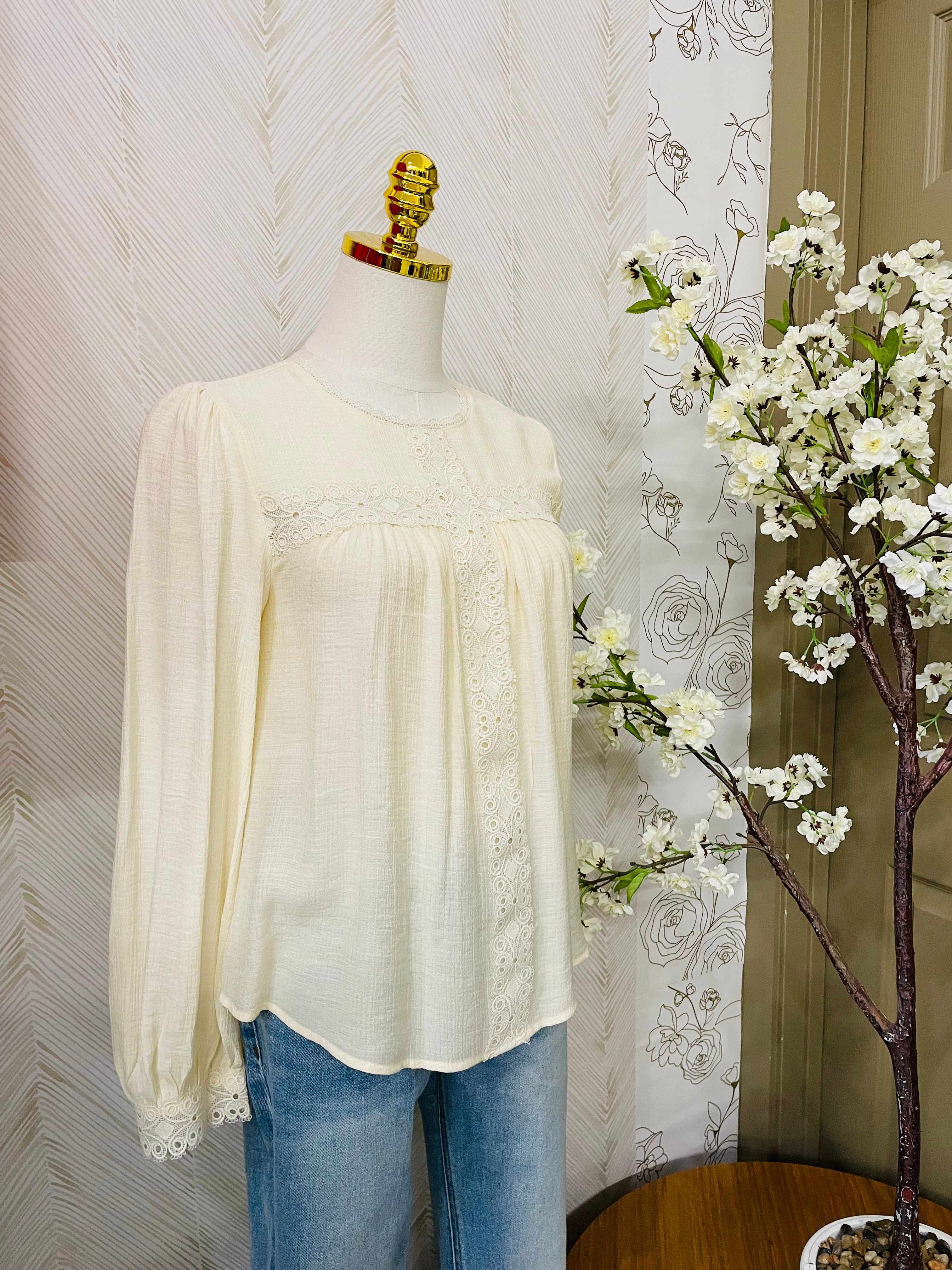 Lace detail round neck long sleeve blouse