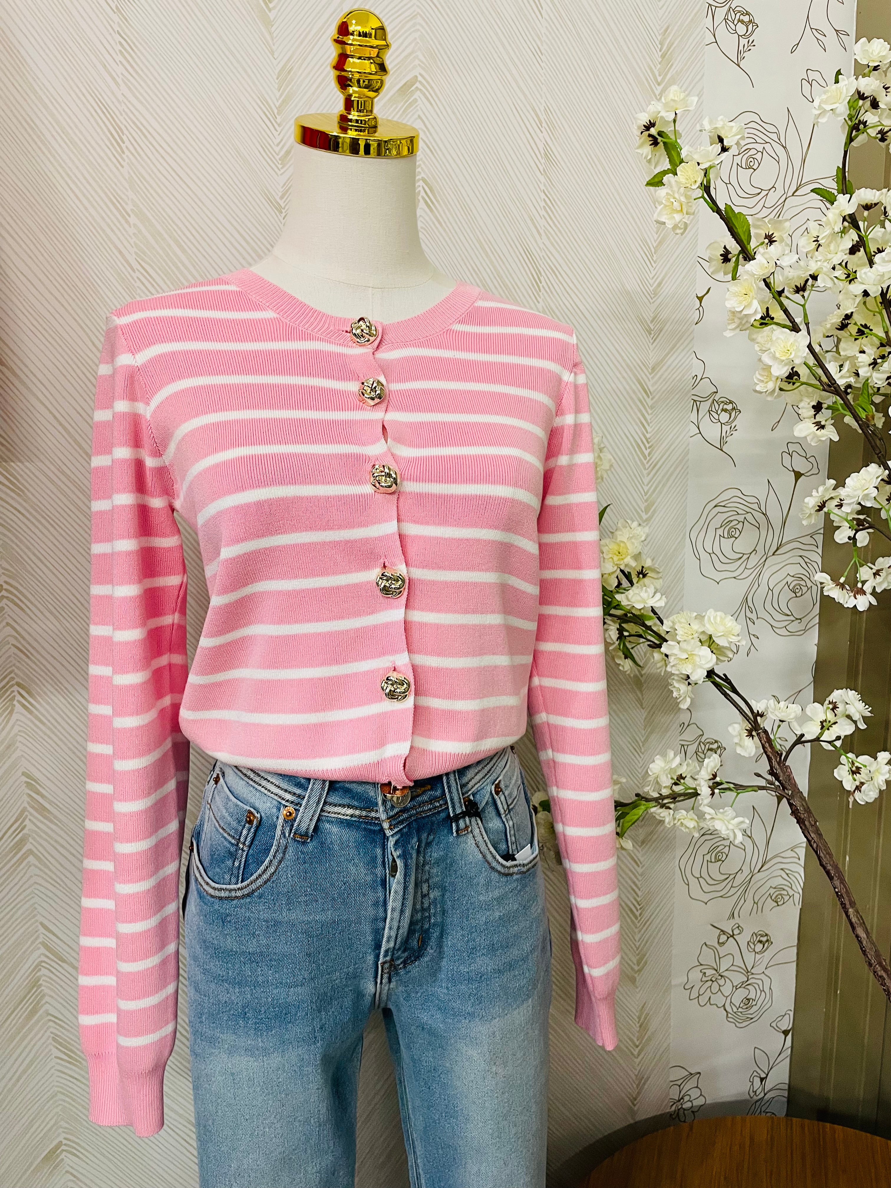 Stripe pink cardigan with gold color buttons