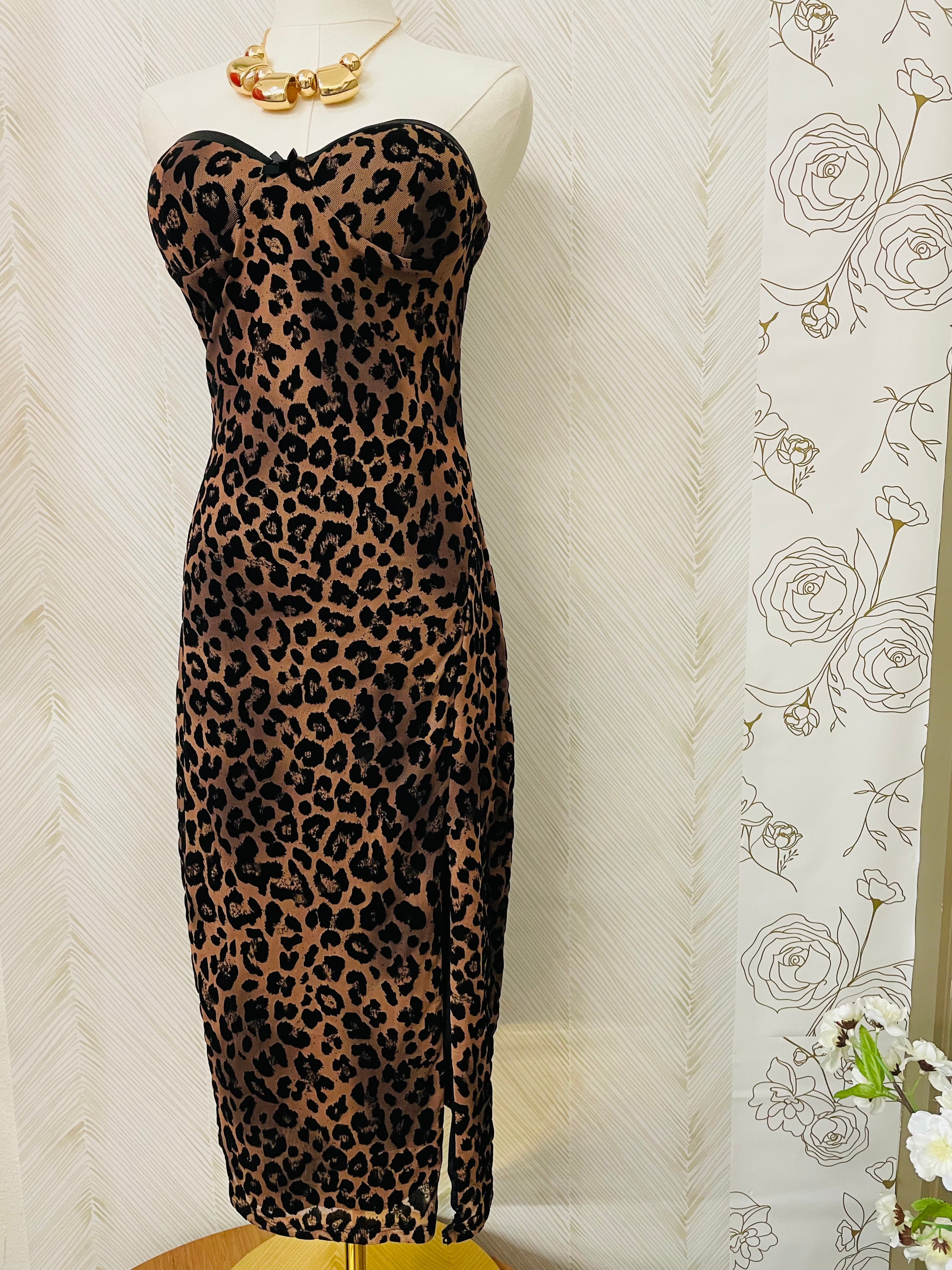 Mesh animal printed bow tube dress