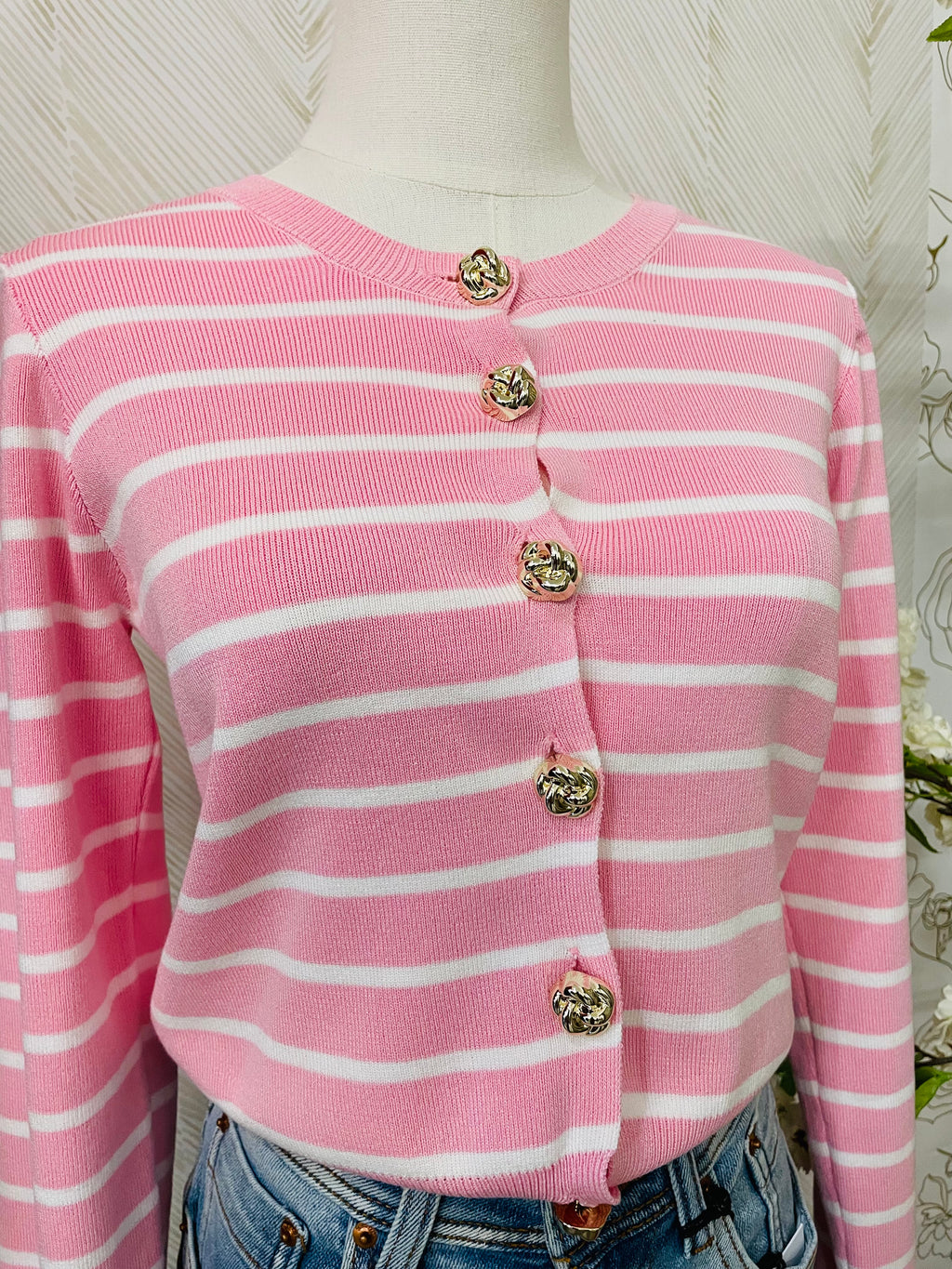 Stripe pink cardigan with gold color buttons
