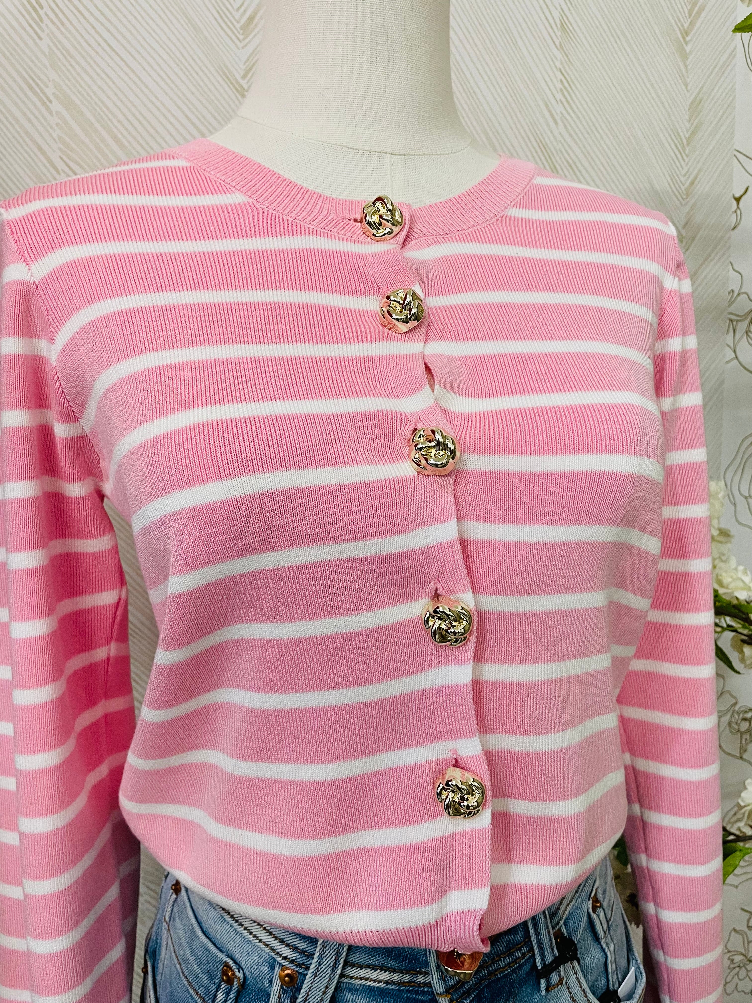 Stripe pink cardigan with gold color buttons
