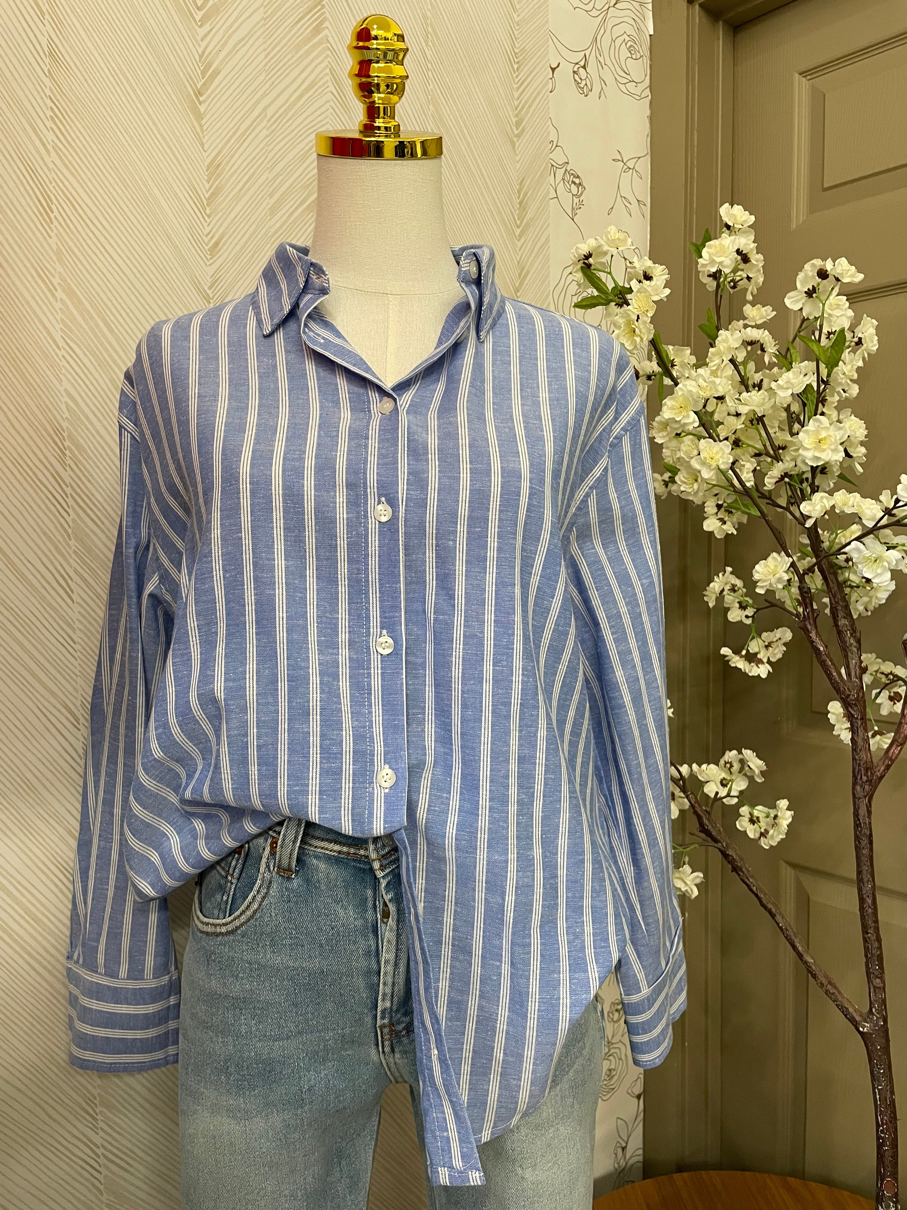 Blue stripe oversized button down shirt
