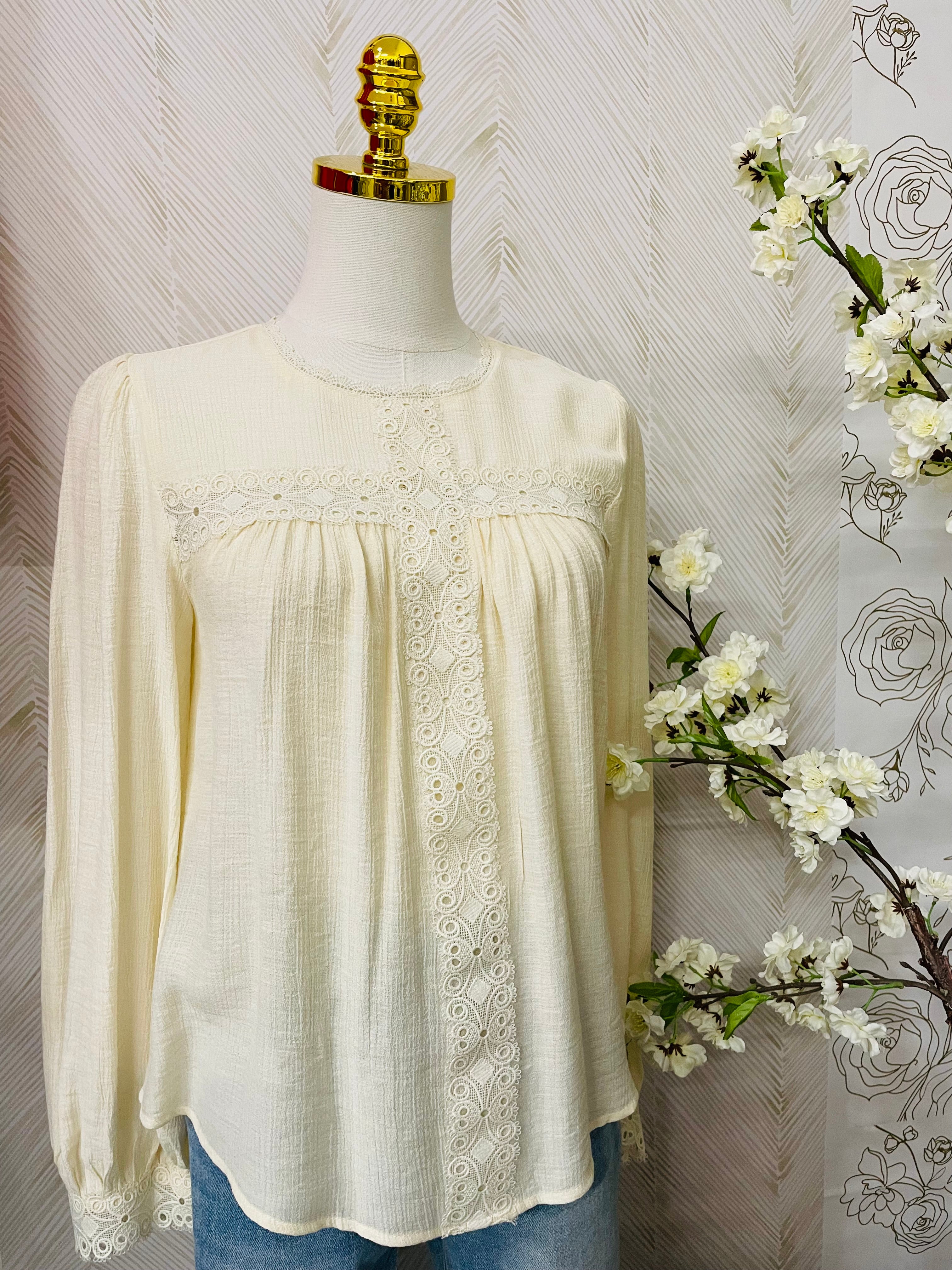 Lace detail round neck long sleeve blouse