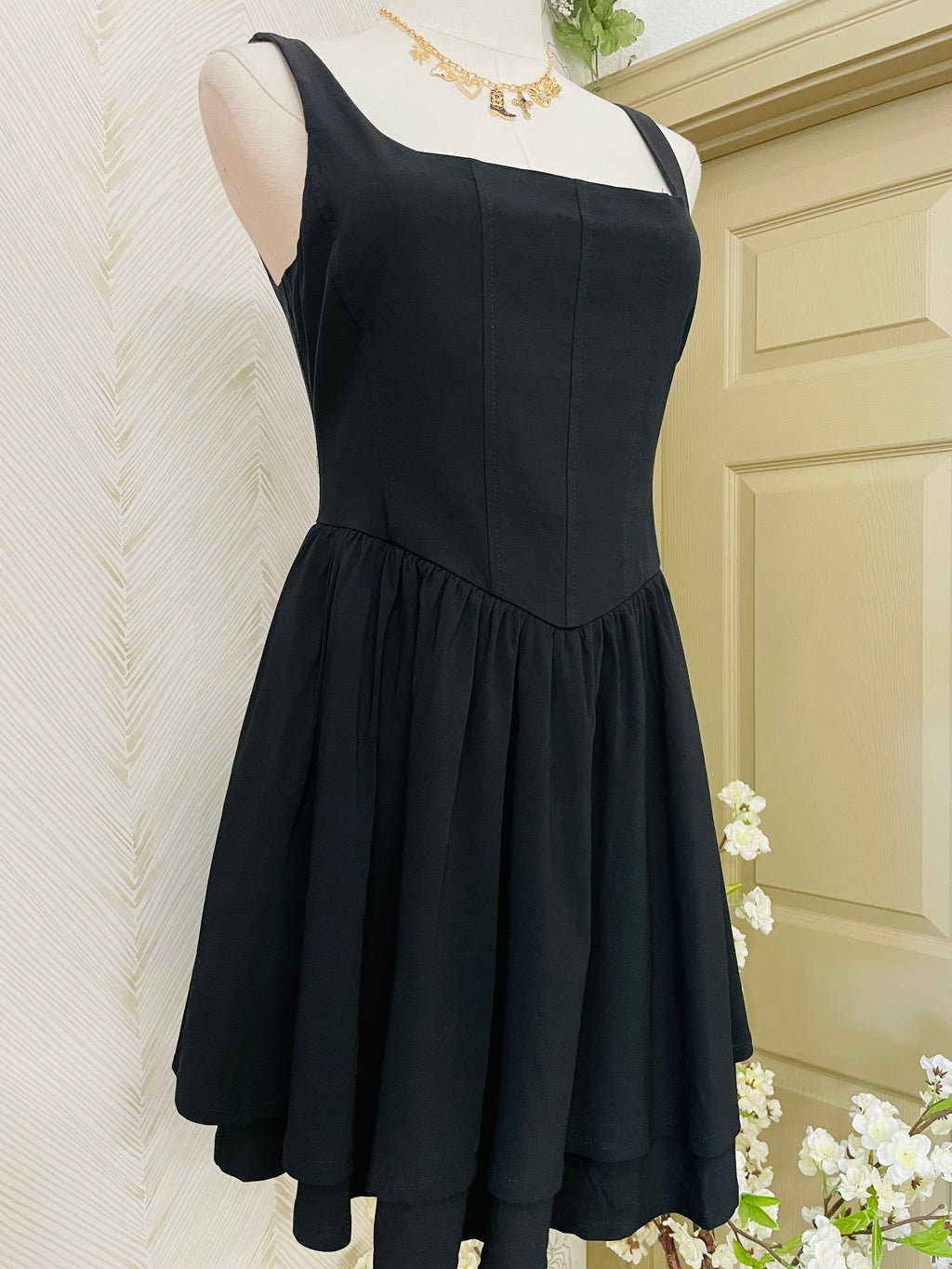 Square neck flared mini dress