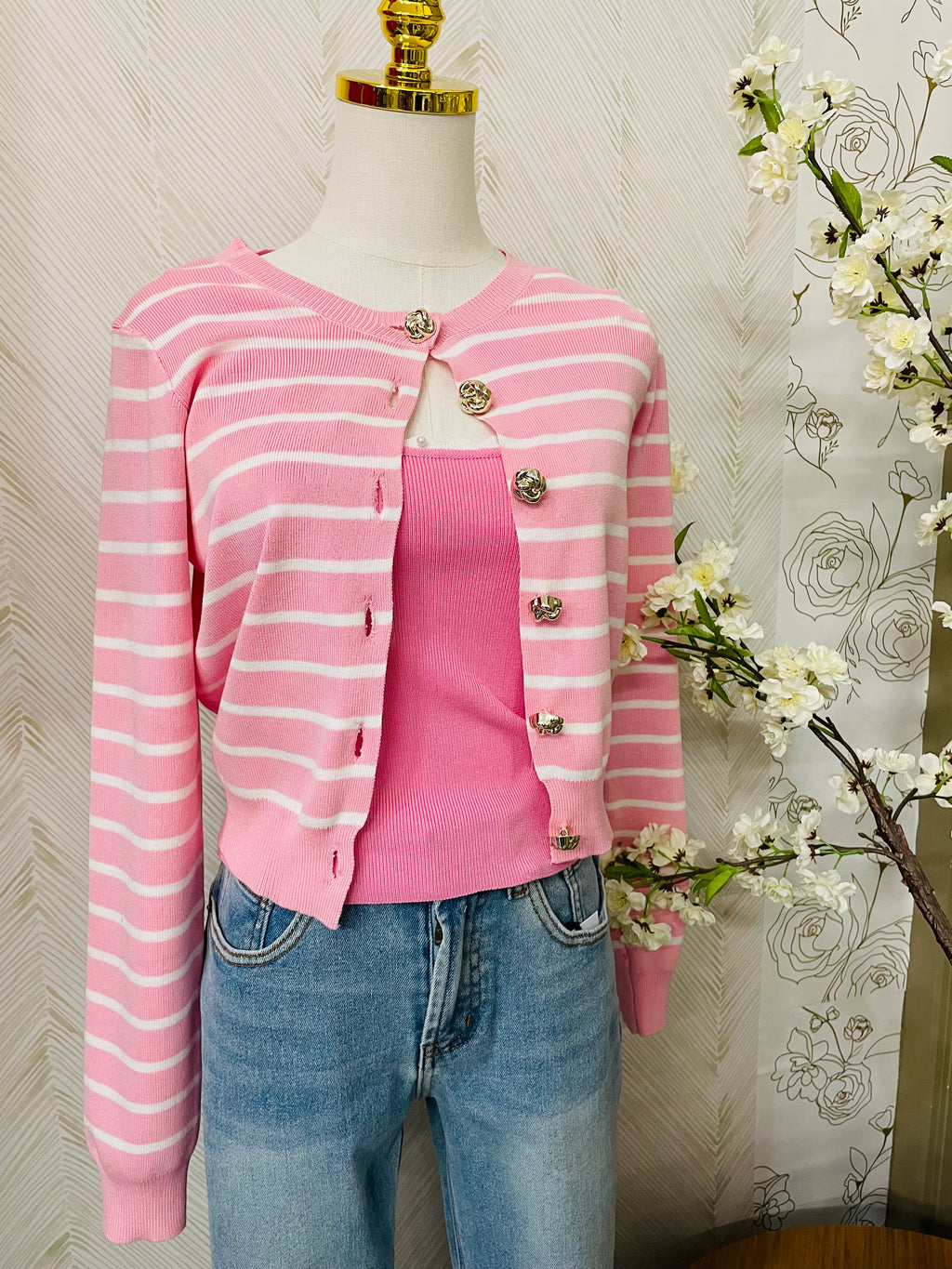 Stripe pink cardigan with gold color buttons