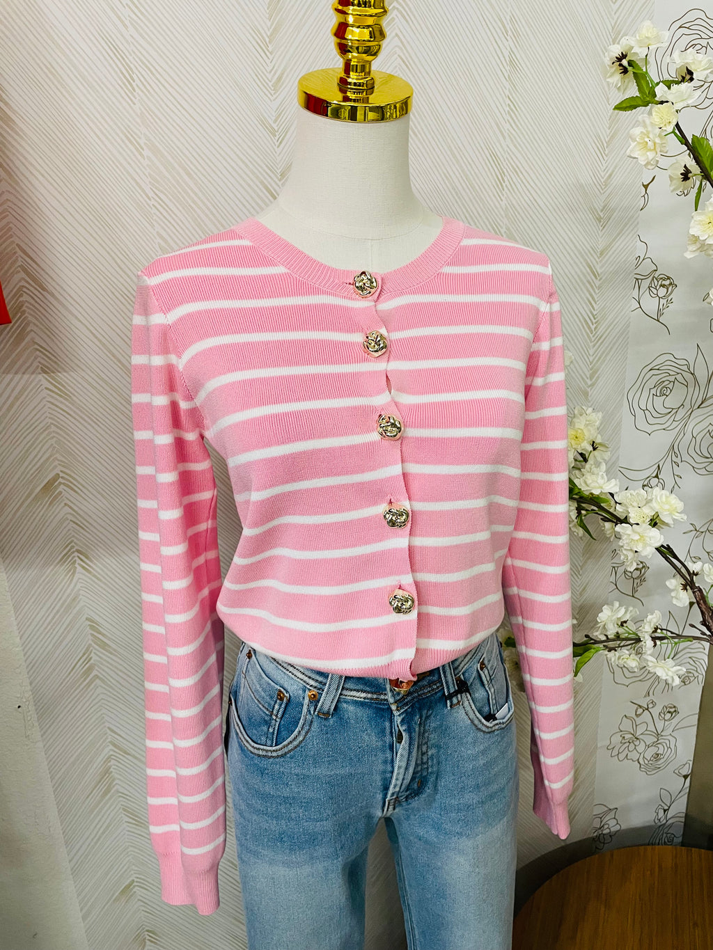 Stripe pink cardigan with gold color buttons