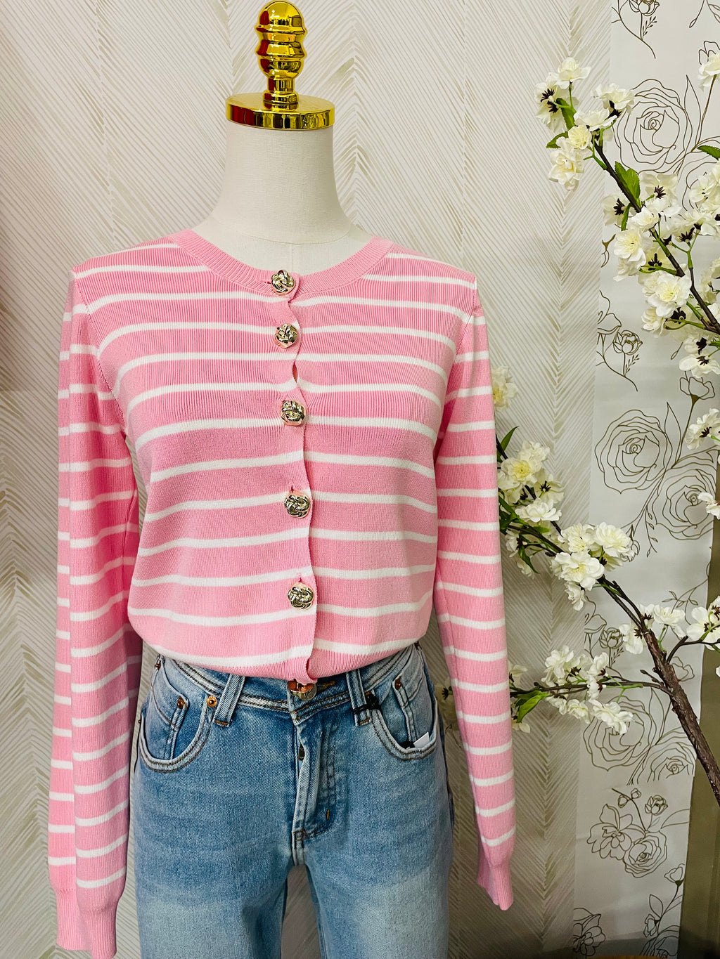 Stripe pink cardigan with gold color buttons