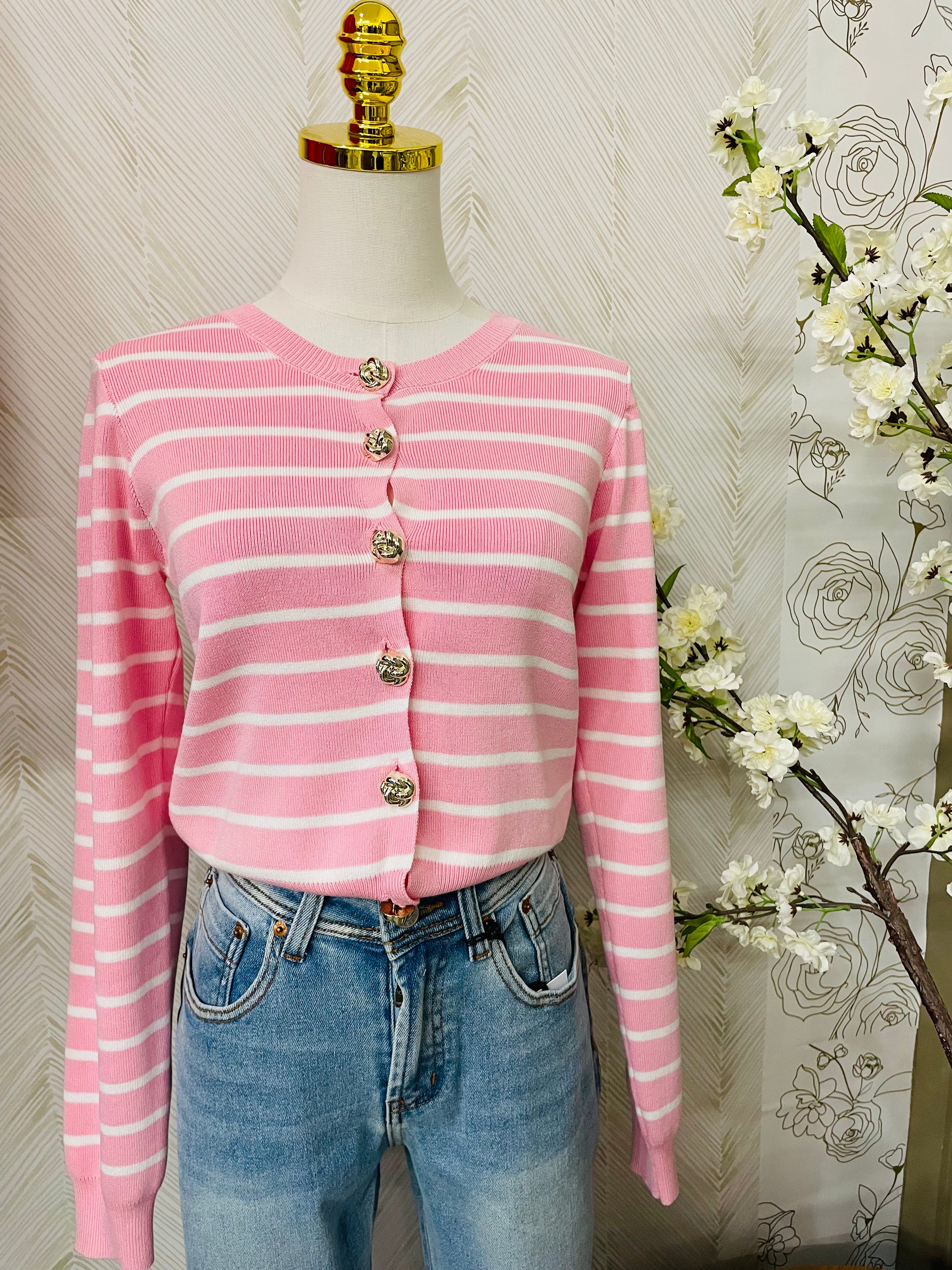 Stripe pink cardigan with gold color buttons