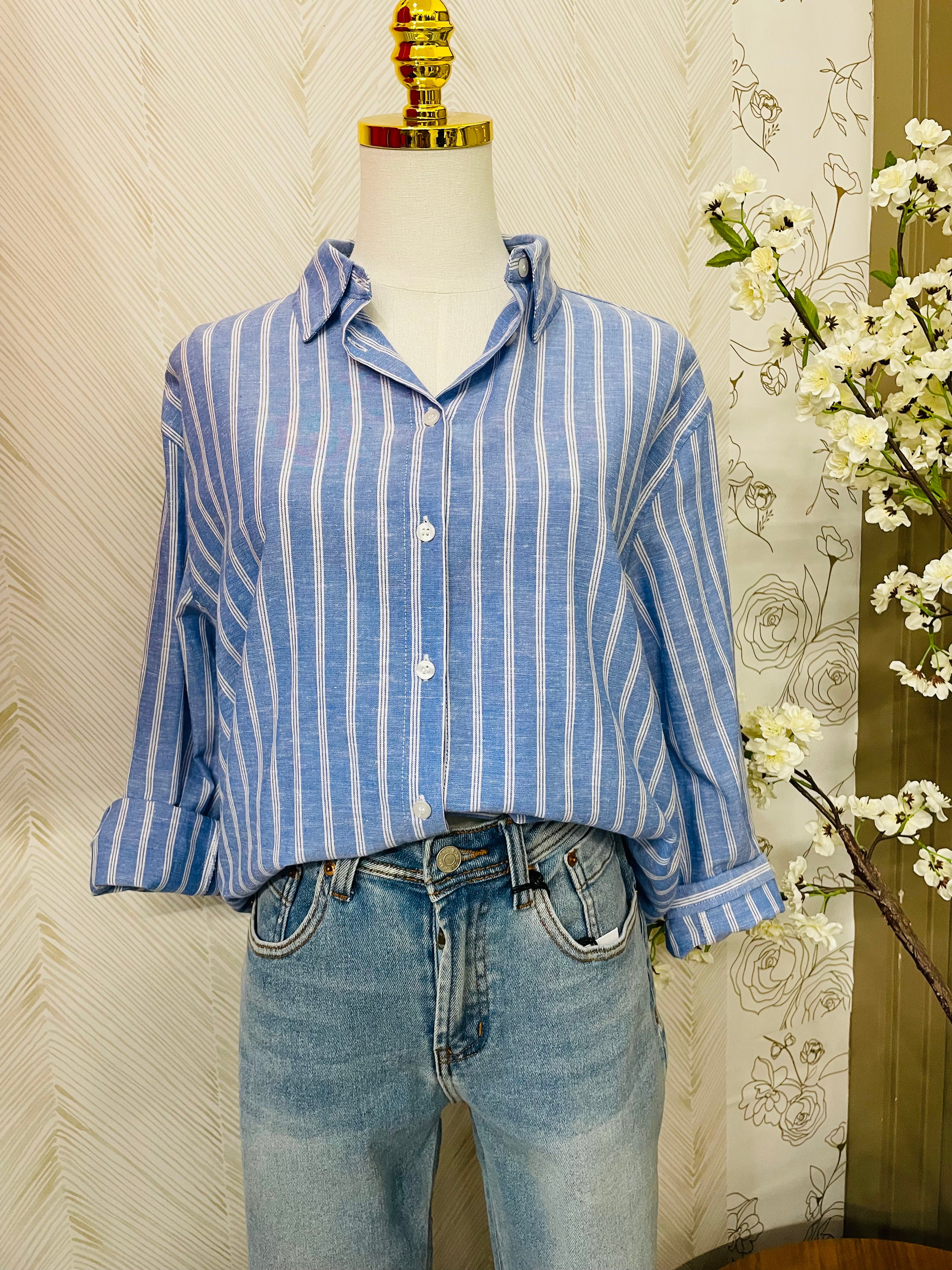 Blue stripe oversized button down shirt