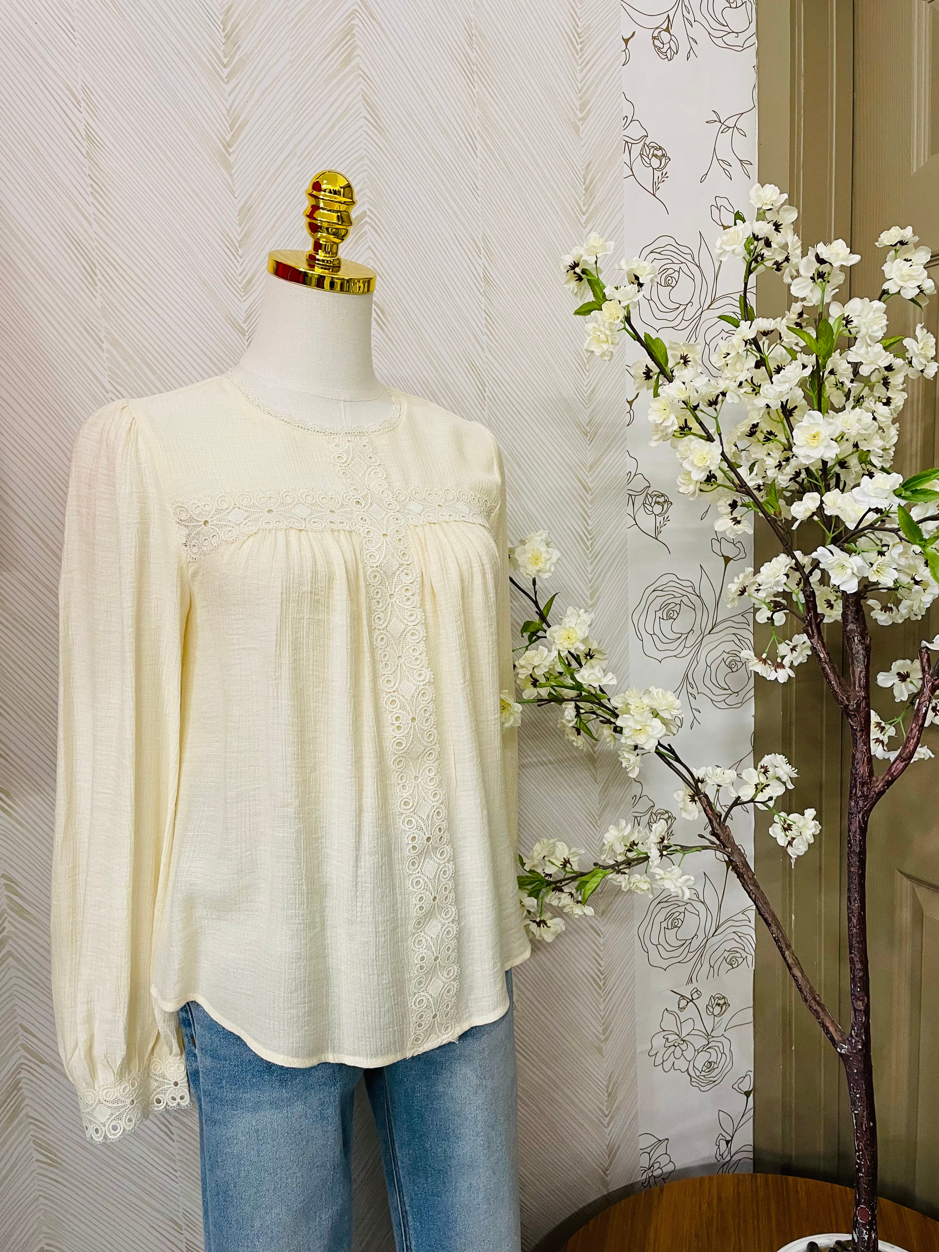Lace detail round neck long sleeve blouse