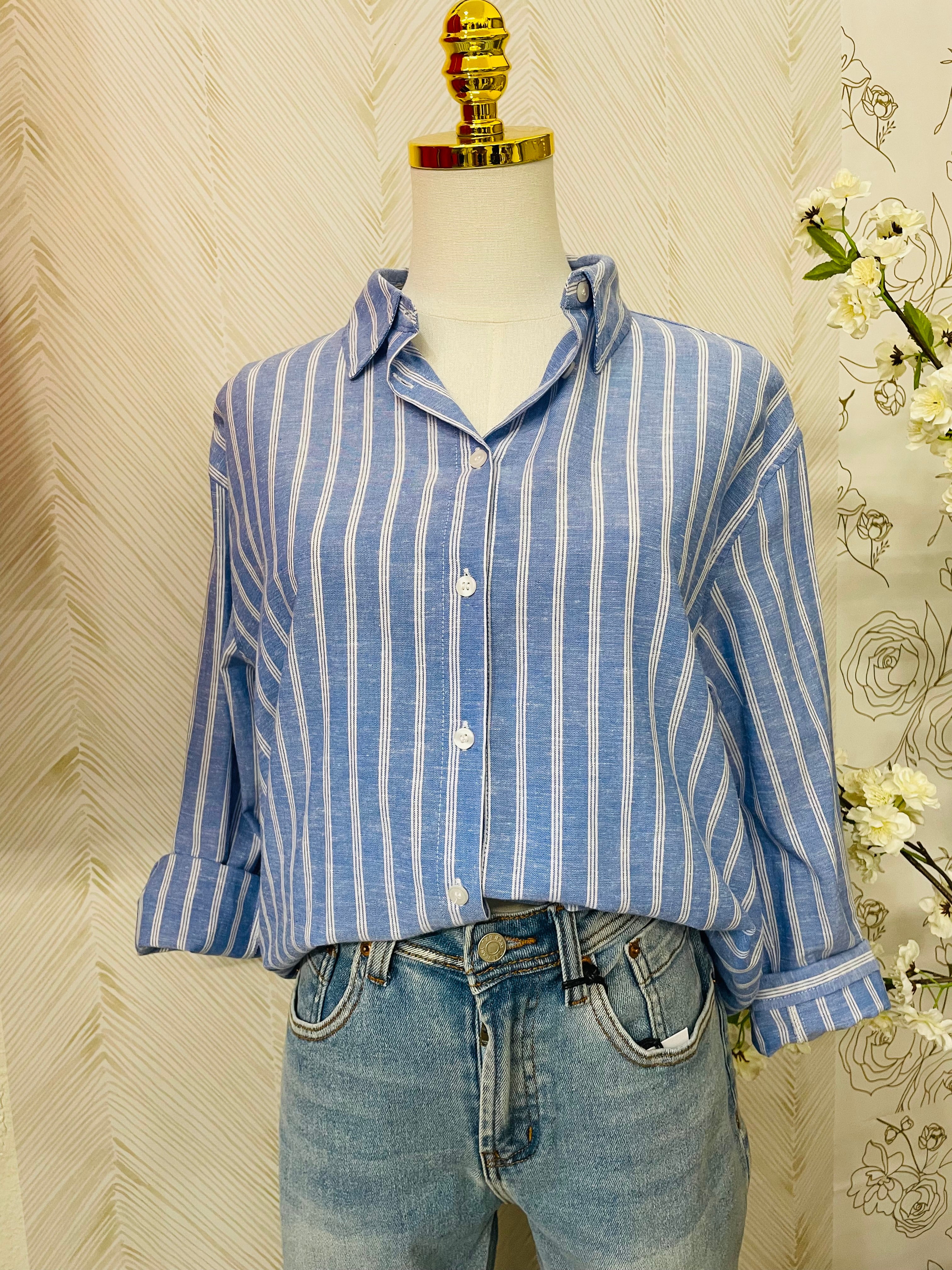 Blue stripe oversized button down shirt
