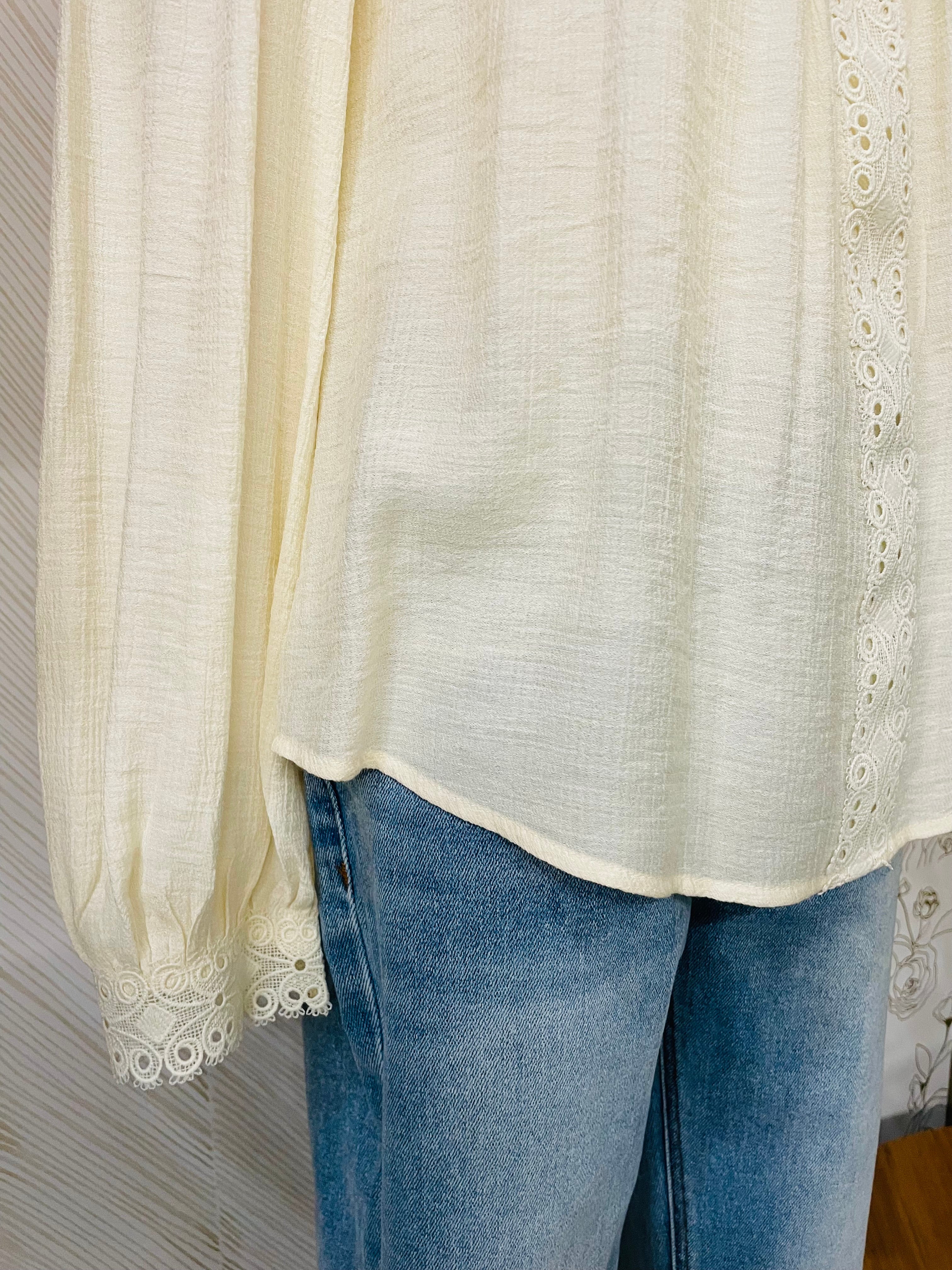 Lace detail round neck long sleeve blouse
